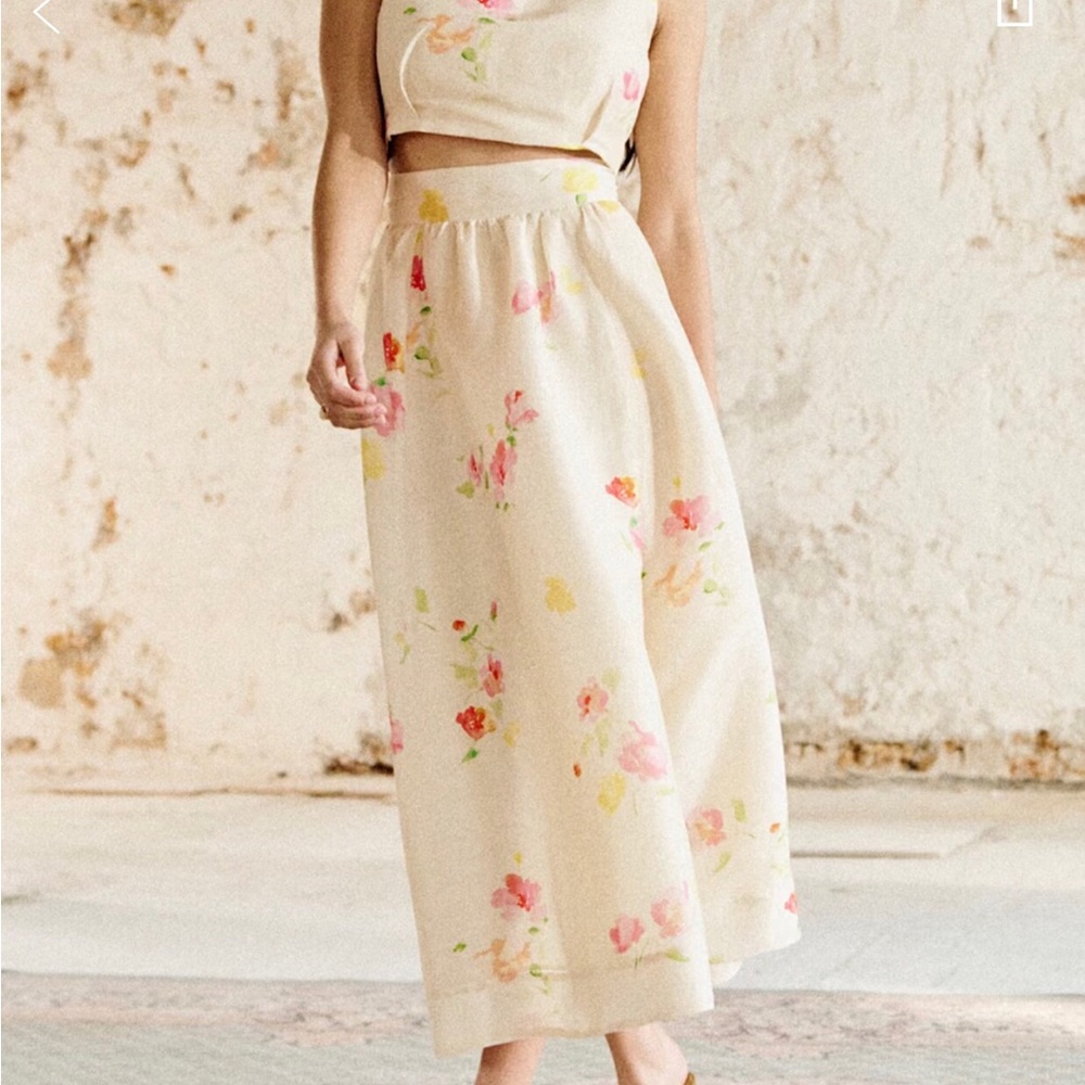 Sezane Cream Maxi Skirt with Pink & Yellow Floral Print